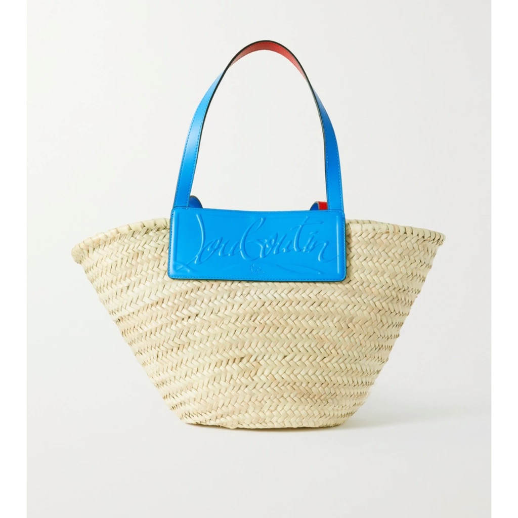 Christian Louboutin Loubishore Woven Embossed Leather Blue Straw Tote Bag